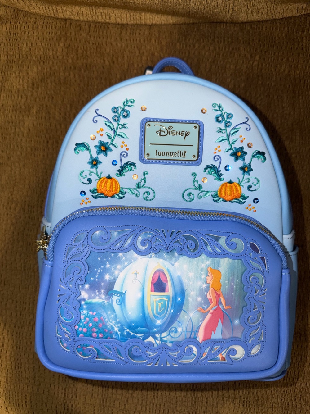 Loungefly Disney Light Blue Cinderella Pumpkin Embroidered Mini Backpack